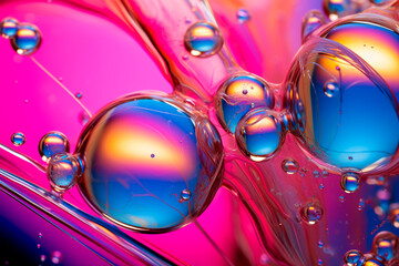 Fototapeta premium Oil bubbles background, abstract wallpaper of blue magenta gold liquid bubbling drops. Abstract molecules floating in pink fluid background