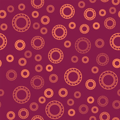 Brown line Car tire wheel icon isolated seamless pattern on red background. Vector