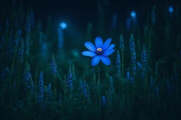 Fototapeta na wymiar A single blue flower stands out in a world of muted tones, illuminated by a beam of moonlight and creating a surreal atmosphere - AI Generative