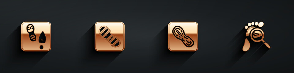 Set Human footprints shoes, , and Magnifying glass with footsteps icon with long shadow. Vector