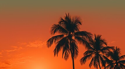 Fototapeta na wymiar a couple of palm trees are silhouetted against a sunset. generative ai