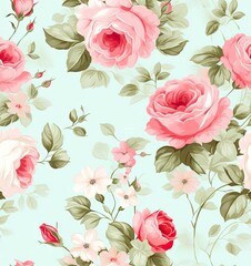 pink roses decorative seamless modern floral border, in the style of light green, pattern and decoration movement, american prints. SEAMLESS PATTERN. SEAMLESS WALLPAPER.