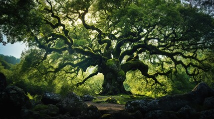 Fototapeta premium a painting of a large tree in the middle of a forest. generative ai