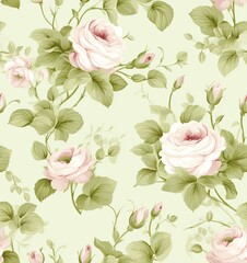 pink roses decorative seamless modern floral border, in the style of light green, pattern and decoration movement, american prints. SEAMLESS PATTERN. SEAMLESS WALLPAPER.