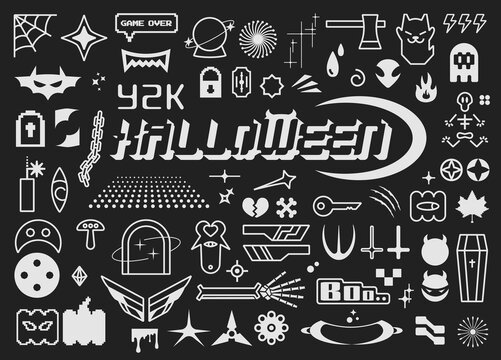 Big Halloween set of vector icons on black background. Y2K style poster.