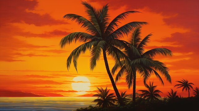  a painting of a sunset with palm trees and the ocean in the background.  generative ai