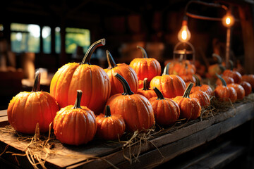 Organic pumpkins on the counter of a farmer's shop or store