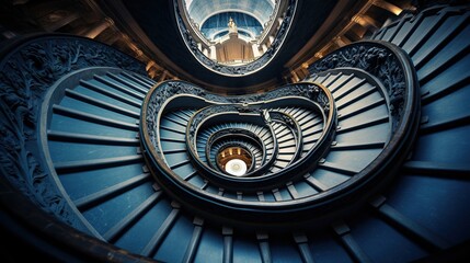  a spiral staircase in a building with a clock tower in the background.  generative ai