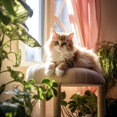 an adorable kitten comfortably perched on cat furniture beside a lush potted plant, all within a room adorned with a stunning interior design.