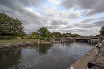 Riverside view towards Molesey Lock near Hampton Court Bridge
