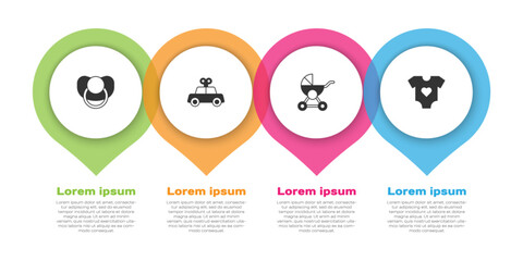 Set Baby dummy pacifier, Toy car, stroller and clothes. Business infographic template. Vector