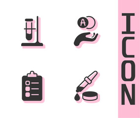 Set Pipette, Test tube flask on stand, To do list or planning and Atom icon. Vector