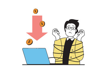 Crisis management concept with people scene in flat web design. Man chained with financial problems, losing money and gets bankruptcy. Vector illustration for social media banner, marketing material.
