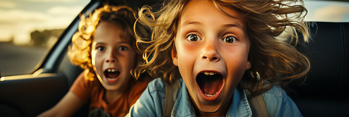 Unforgettable scene of energetic siblings in car, one causing hilarity and chaos by pulling other's hair, embodying childhood mischief and raw family road trip moments.