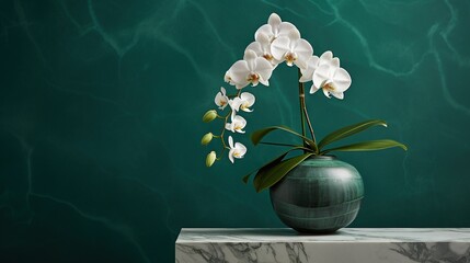  a green vase with white flowers on a marble table in front of a green wall.  generative ai