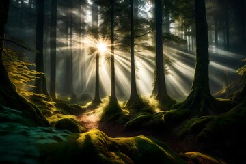 Sunlight streaming through the mist of a dense, mystical forest.
