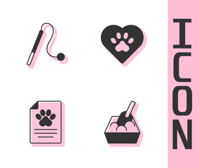 Set Cat litter tray with shovel, Pet cat toy, Medical clinical record pet and Heart animals footprint icon. Vector