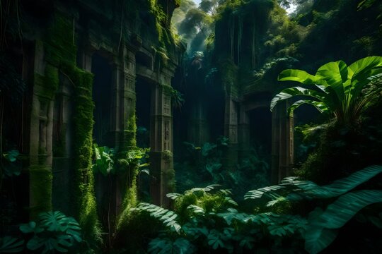 an image of a jungle with ancient ruins emerging from the overgrowth - AI Generative