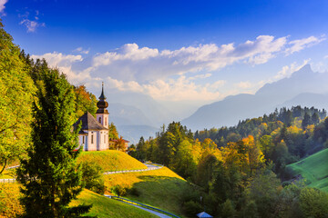 Bavaria, Germany. Maria Gern church with Hochkalter peak on background.