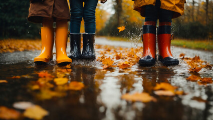 Feet in rubber boots in a puddle, autumn leaves