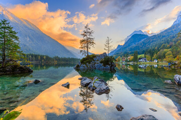Berchtesgaden National Park, Germany. Lake Hintersee and the Bavarian Alps at sunrise.