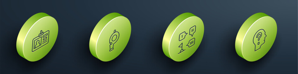 Set Isometric line Identification badge, Whistle, Planning strategy and Head with question mark icon. Vector