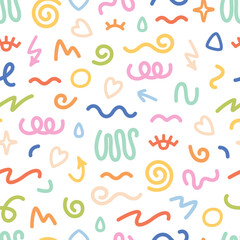 Seamless pattern with various hand drawn abstract shapes, strokes and doodles. Colorful abstract line doodle shapes. Vector illustration in flat style
