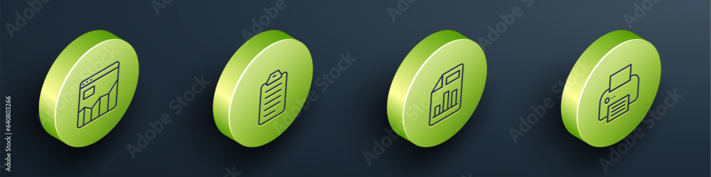 Poster set isometric line graph chart infographic, to do list or planning, document with and printer icon. 