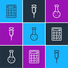 Set line Calculator, Test tube and Syringe icon. Vector