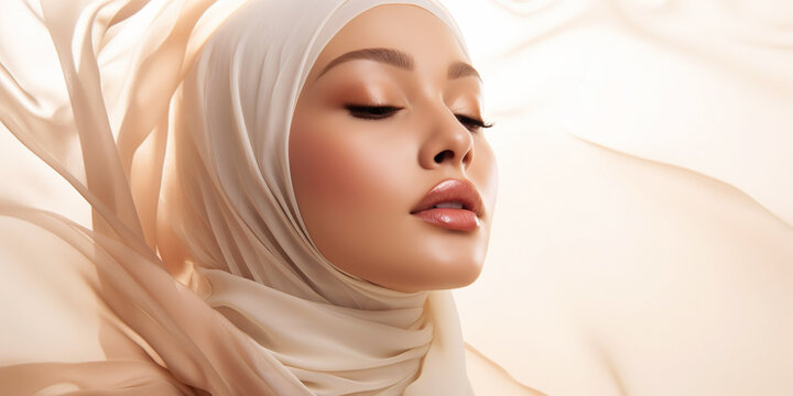 Serene beautiful young Arab woman in elegant ivory organza hijab and glossy earthy tones make-up, with eyes closed.