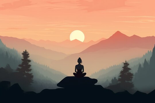 Silhouette of a woman sitting on the rock. healthy outdoor lifestyle. meditation
