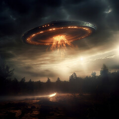 Obraz na płótnie Canvas UFO in the dark sky. Fantasy landscape with flying saucer in the sky. Flight of an unidentified object. Digital illustration