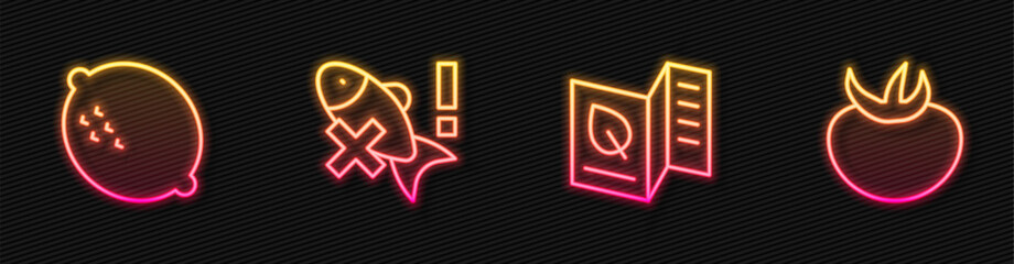 Set line Vegetarian food menu, Lemon, No fish and Tomato. Glowing neon icon. Vector