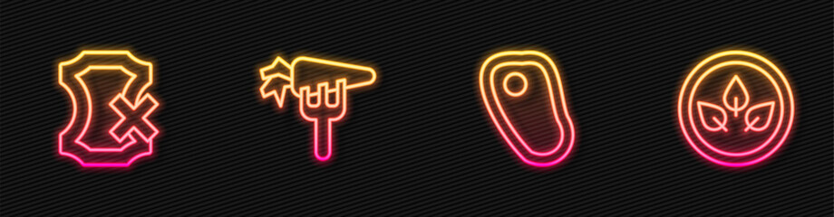 Set line Steak meat, No leather, Carrot and Vegan food diet. Glowing neon icon. Vector