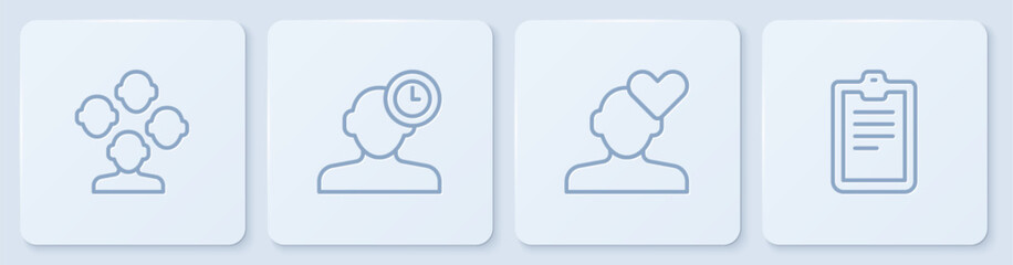 Set line Schizophrenia, Broken heart or divorce, Insomnia and Psychological test. White square button. Vector