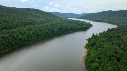 Allegheny river flows through green mountains in landscape nature area in National Forest in...