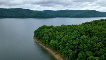 Allegheny river flows through green mountains in landscape nature area in National Forest in America wilderness