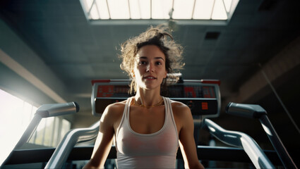 Fototapeta na wymiar Portrait of beautiful woman working out at gym, running on treadmill and doing fitness exercises. healthy concept