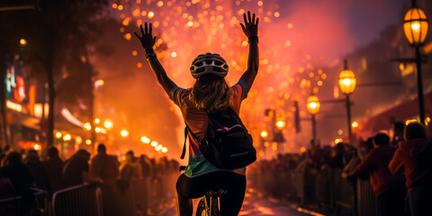 Triumphant female cyclist raising victory arms against a backdrop of vibrant fireworks, embodying celebration, endurance and excitement in a surreal juxtaposition.