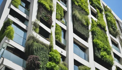 Vertical forest green living and ecology embodied in a tall skyscraper building with thriving plants on its facade - obrazy, fototapety, plakaty