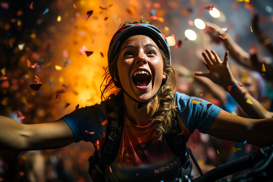 Spectacular display of victorious female cyclist, arms raised in triumph against a vibrant fireworks backdrop. Exudes athleticism, excitement and celebration. - Powered by Adobe