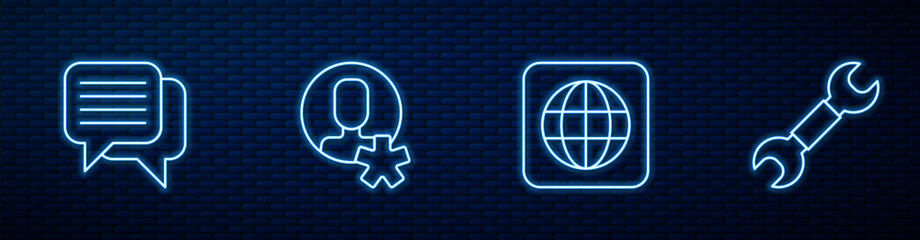 Set line Worldwide, Speech bubble chat, Elected employee and Wrench spanner. Glowing neon icon on brick wall. Vector