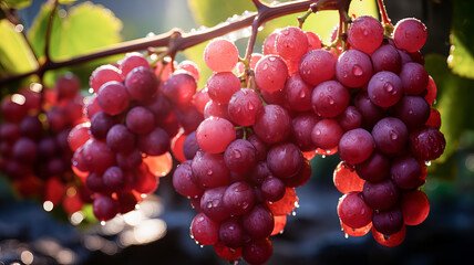 Vineyard. A bunch of fresh wet red grapes hangs, illuminated by a ray of the sun. Generative AI technology.
