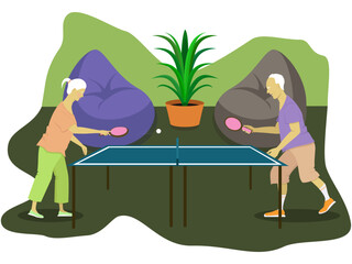 Elderly people actively rest and play table tennis 