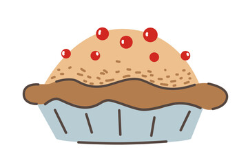 Cartoon pie with berries illustration. Baked dish vector graphic. Quiche isolated on white background. 