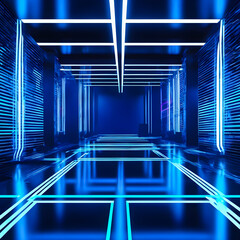 Abstract Background 3D rendering blue room with stripes of neon lights and reflections. Sci-FI Futuristic architecture background Chaotic Blue Neon Lights laser with rays and lines. Generative AI