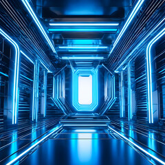 Abstract Background 3D rendering blue room with stripes of neon lights and reflections. Sci-FI Futuristic architecture background Chaotic Blue Neon Lights laser with rays and lines. Generative AI
