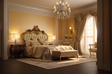 Barocco style bedroom interior with modern bed in luxury house.