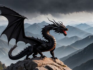 A Black Dragon Statue Sitting On Top Of A Mountain