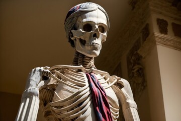 A Statue Of A Skeleton Wearing A Red Tie